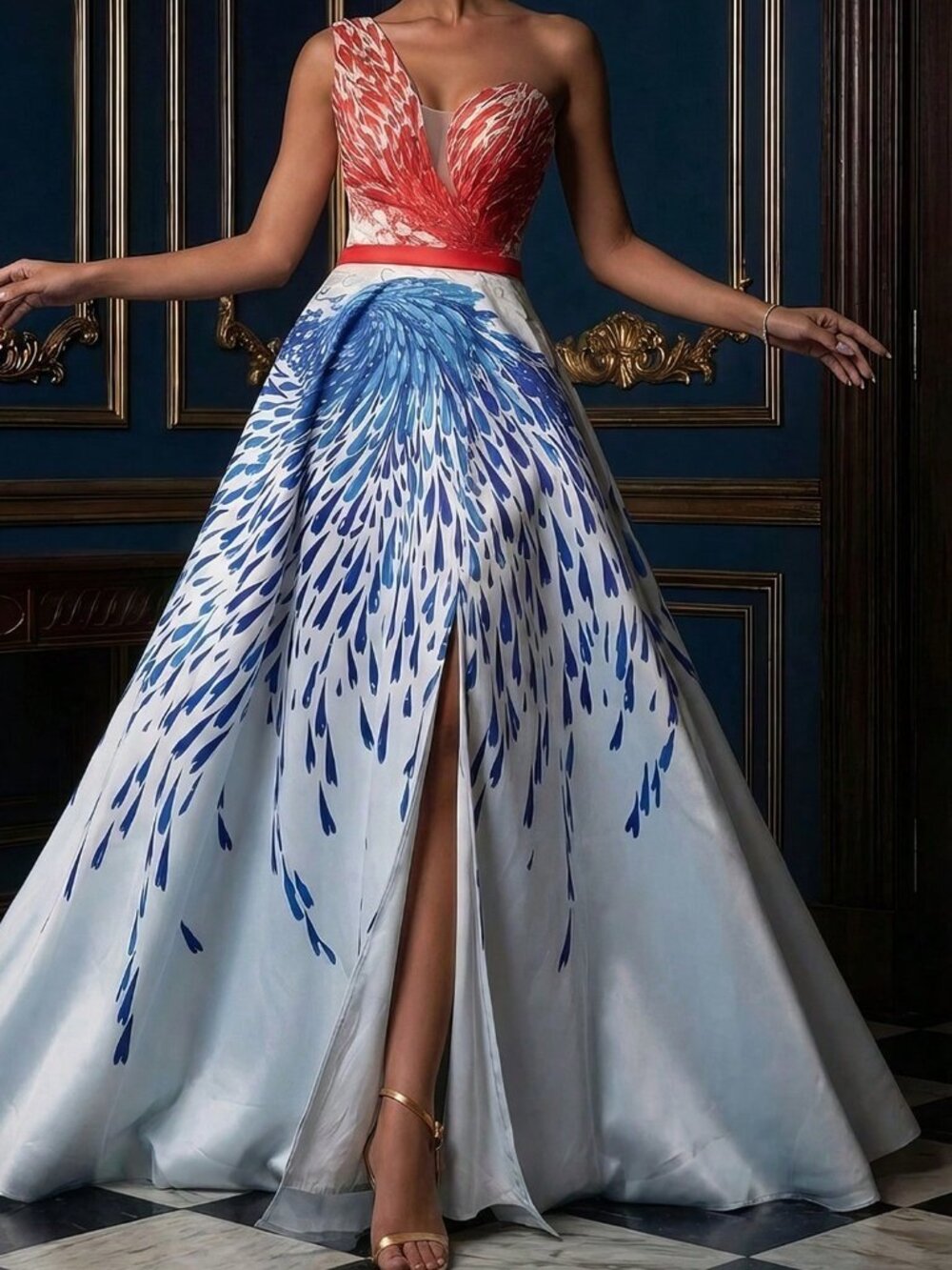 Baby Blue Elegant Women's Sleeveless Dress with Asymmetric Neckline and Slit - Picture 3 of 7